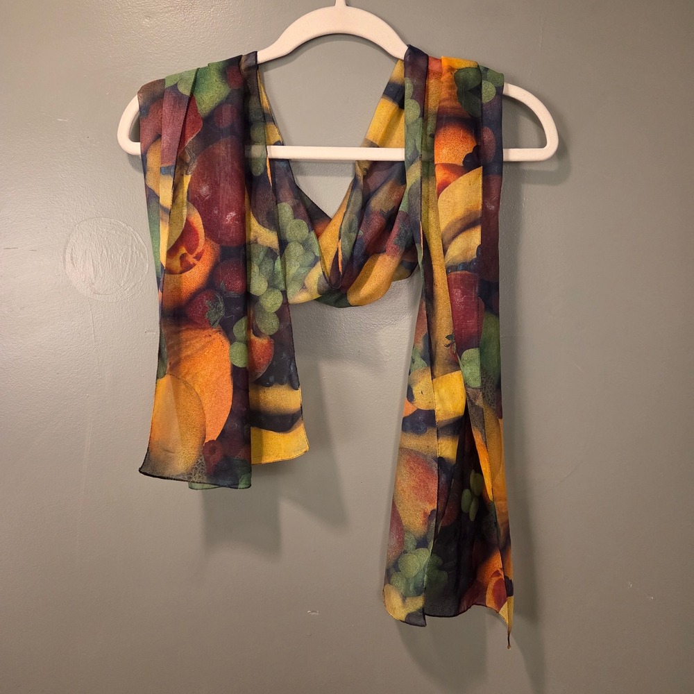 Hyperrealism Fruit Print Rectangle Scarf 63"x15" Black & Multi Lightweight Sheer